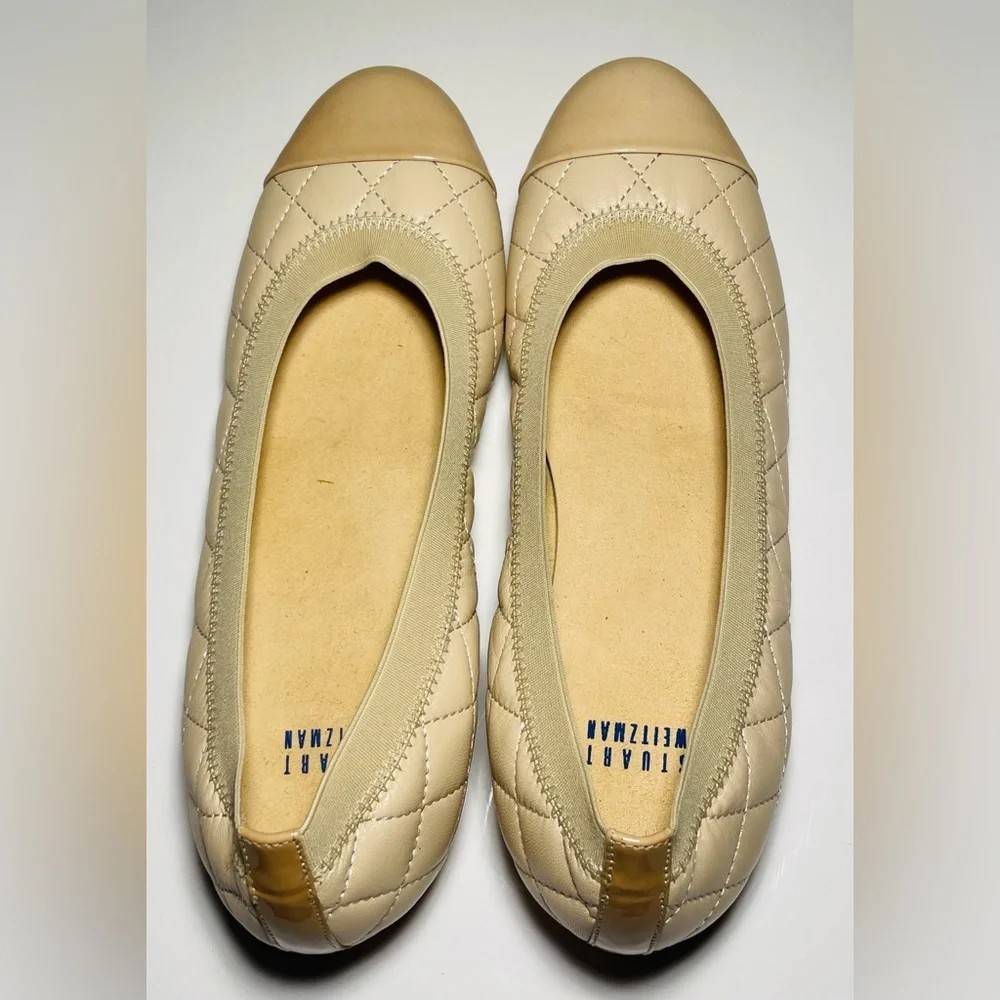 STUART WEITZMAN AUTH $299 Women's Beige Napa Leather Quiltable Flat Shoes Sz 7.5 - Picture 4 of 14